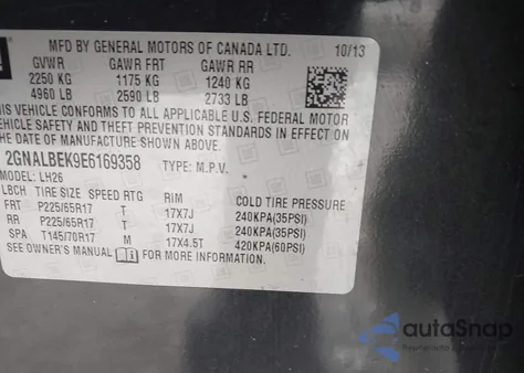 2014 Chevrolet Equinox 1Lt z USA, uszkodzony, nr VIN 2GNALBEK9E6169358